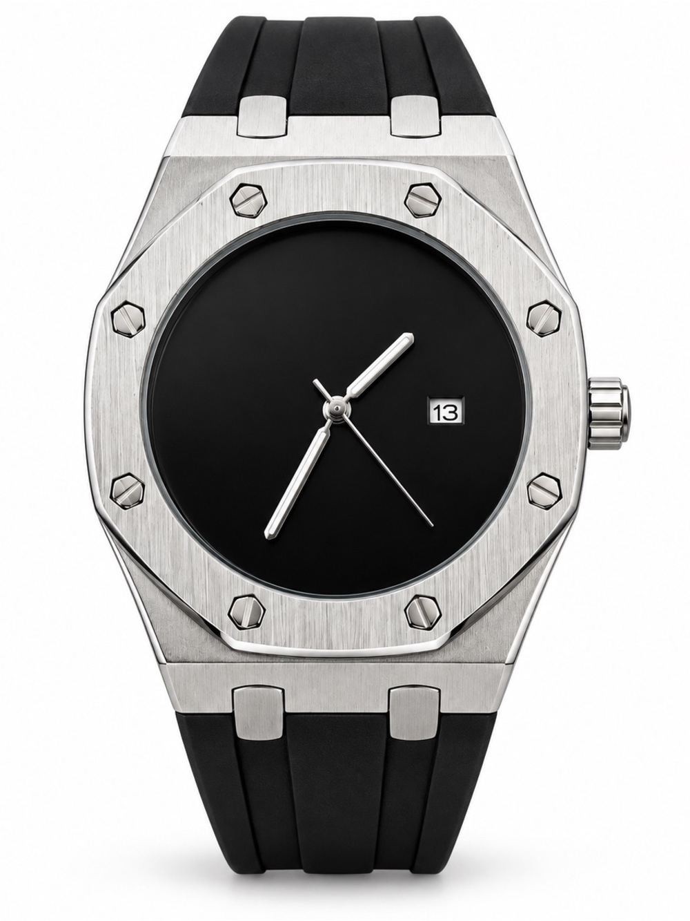 Minimalist Black Dial Royal Oak Style Watch with Rubber strap